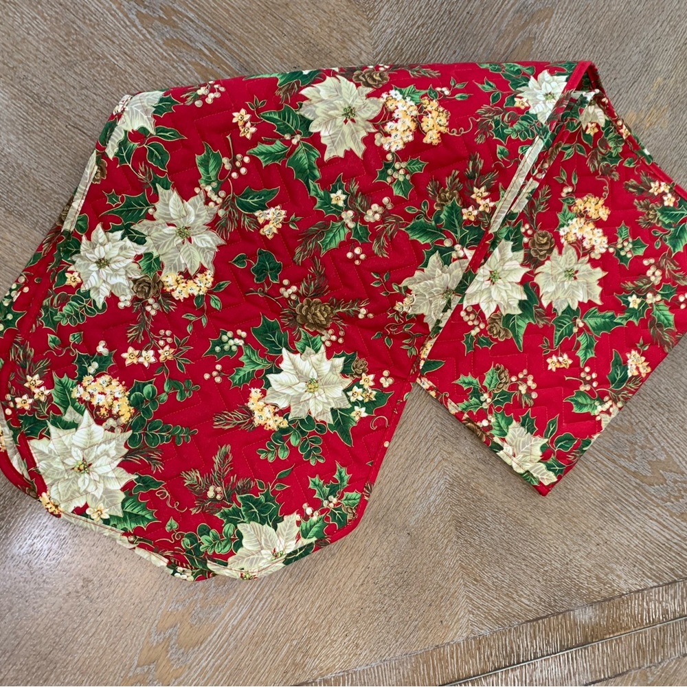 Table Runner Red Poinsettia Print 13” X 70” Double Sided Padded